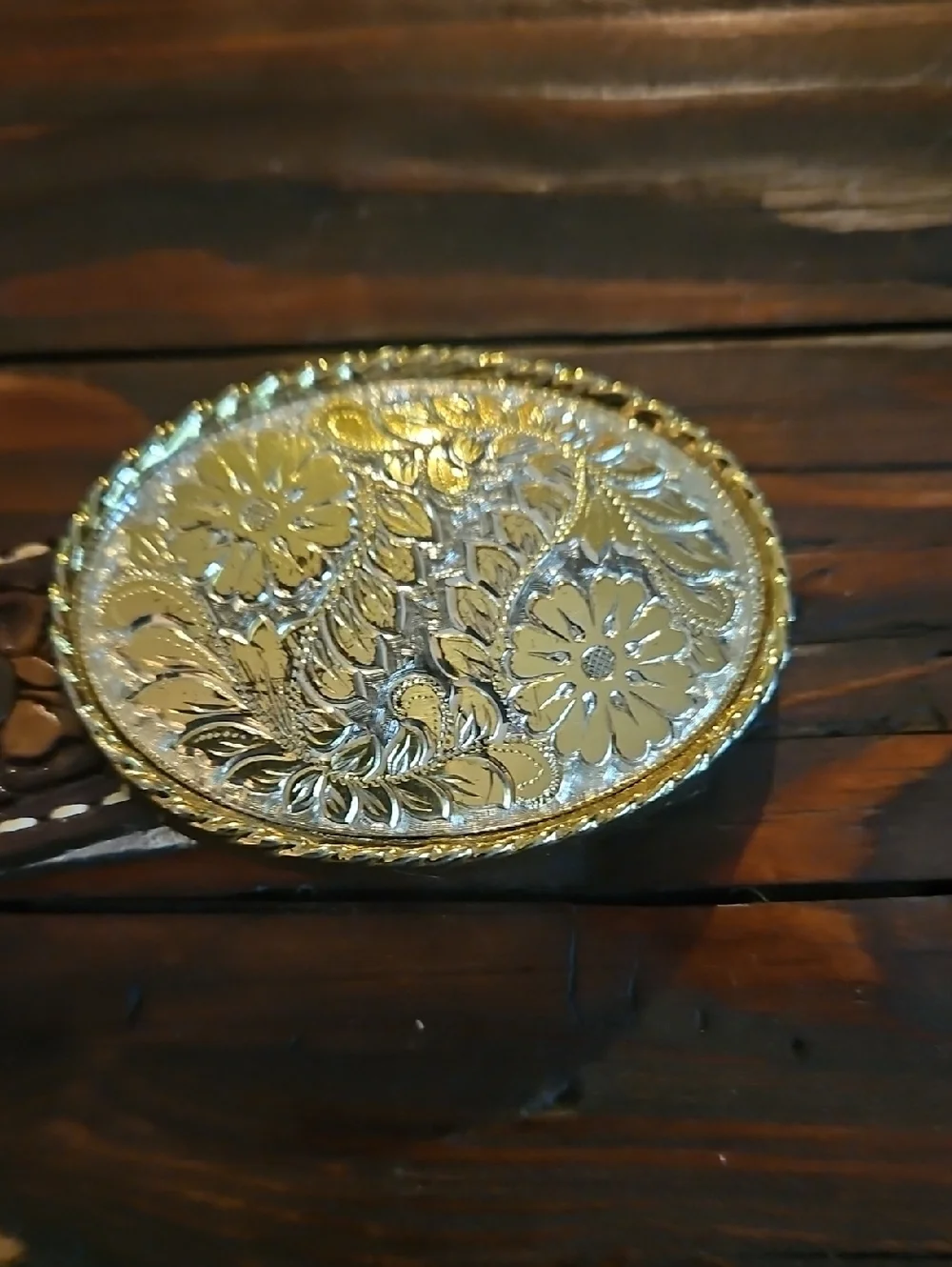 Tooled Brown Leather Little Girls Belt with Ornate Gold Buckle Sz 22